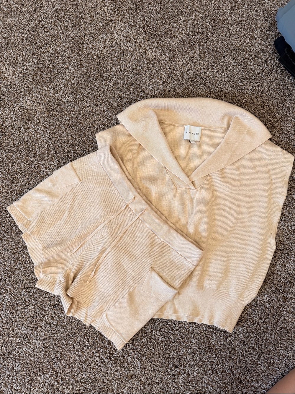 Pink Rose Ribbed Womens Two Piece Beige Knit Lounge Set
